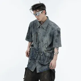 Short Sleeved Denim Jacket Brushed Worn-out Design Shirt Tops Summer Turn-down Collar Vintage Pockets Male Clothing 24E1010