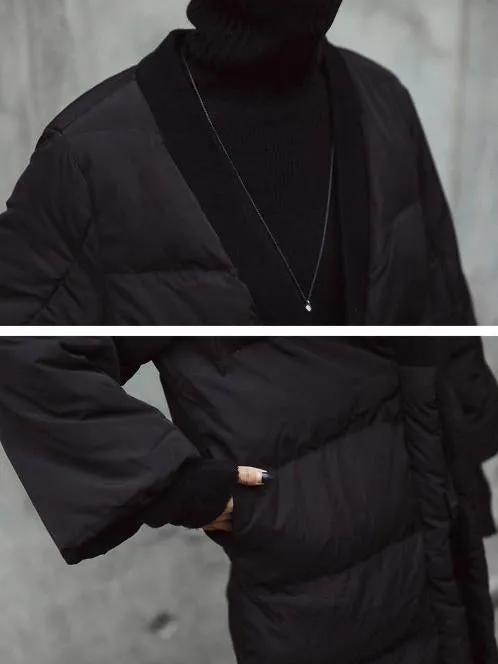 Simple Black Lace-up Cotton-padded Cloths Coat Outwear