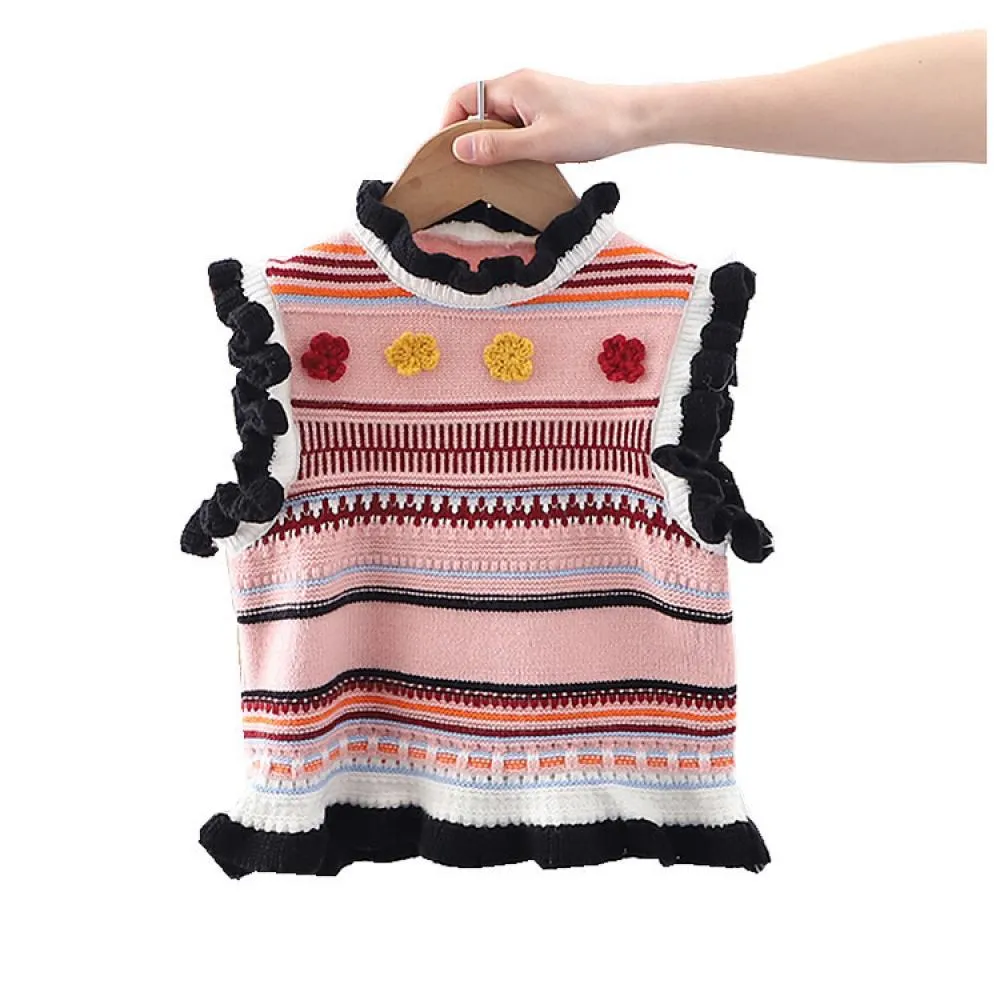 Spring and Autumn Girls Vest Children's Handmade Flower Retro Vest Baby Sweater Knitwear Wholesale