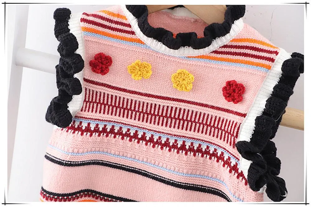 Spring and Autumn Girls Vest Children's Handmade Flower Retro Vest Baby Sweater Knitwear Wholesale