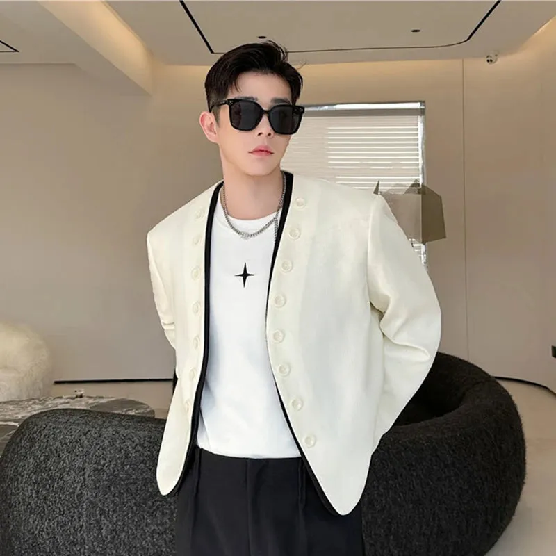 Spring Trendy Men Jacket Fashion Personalized Collarless Fake Two Piece Contrast Color Design Korean Top 9C5119