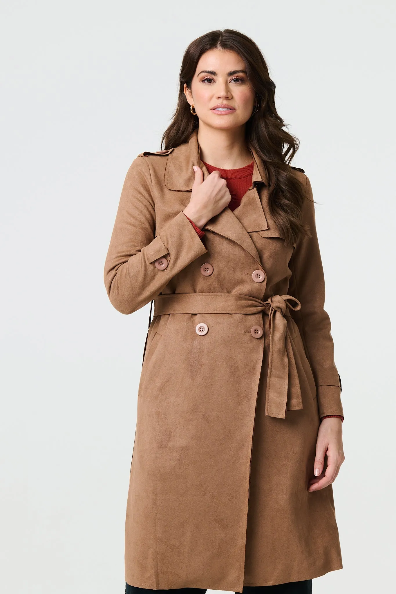 Suede Tie Waist Button Front Trench Coat