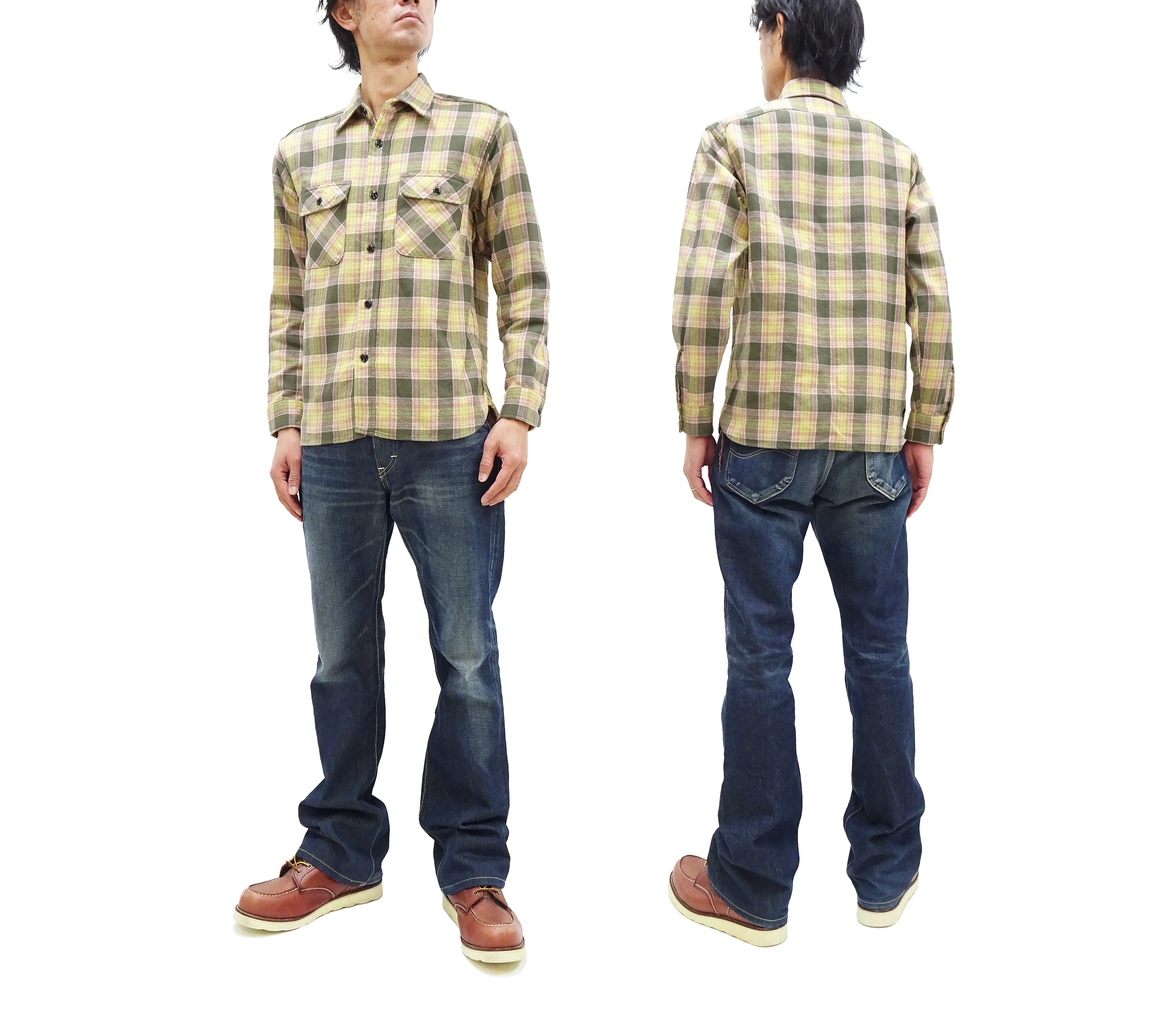 Sugar Cane Plaid Shirt Men's Heavyweight Cotton Twill Long Sleeve Button Up Work Shirt SC29158 145 Green