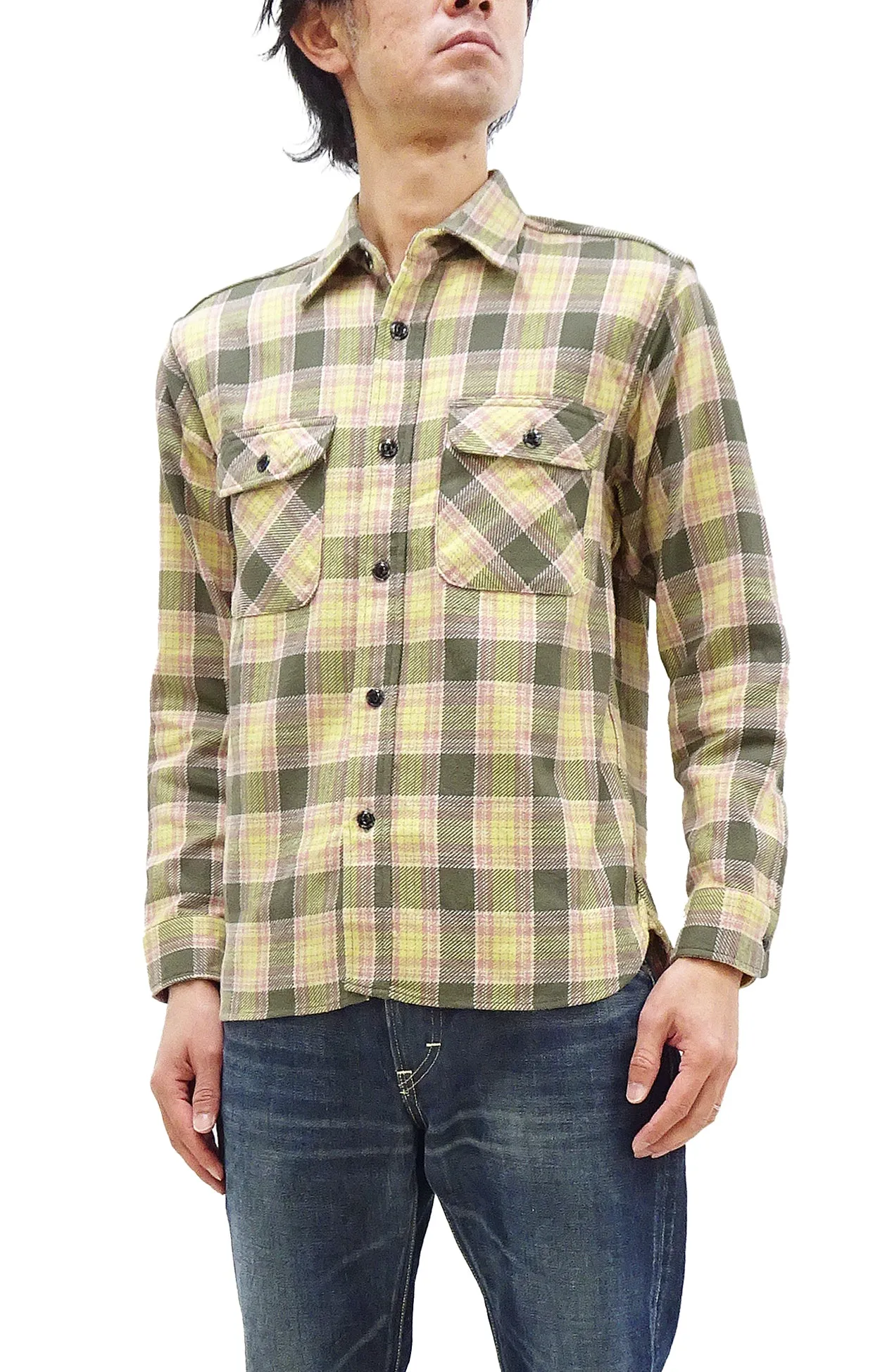 Sugar Cane Plaid Shirt Men's Heavyweight Cotton Twill Long Sleeve Button Up Work Shirt SC29158 145 Green