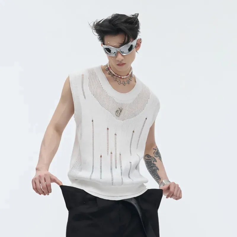 Summer Streetwear Men Knitted Vest Round Collar Tank Top Men's Sleeveless T-shirt Metal Design Summer 24Y164