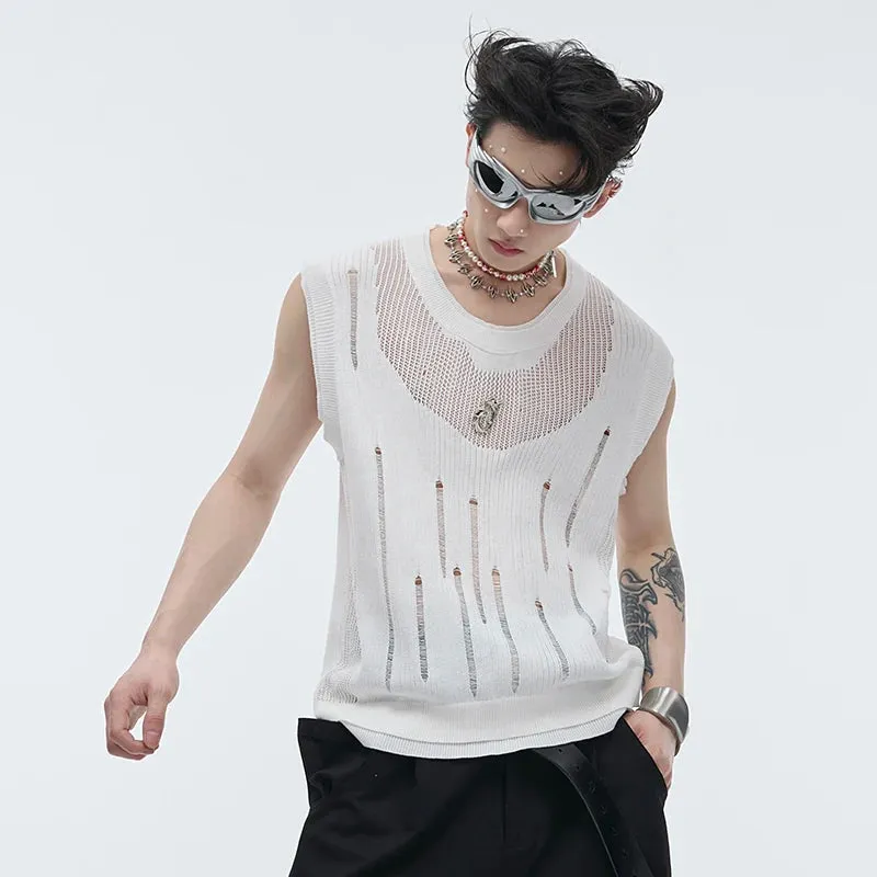 Summer Streetwear Men Knitted Vest Round Collar Tank Top Men's Sleeveless T-shirt Metal Design Summer 24Y164