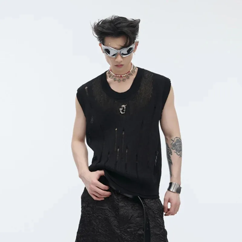 Summer Streetwear Men Knitted Vest Round Collar Tank Top Men's Sleeveless T-shirt Metal Design Summer 24Y164