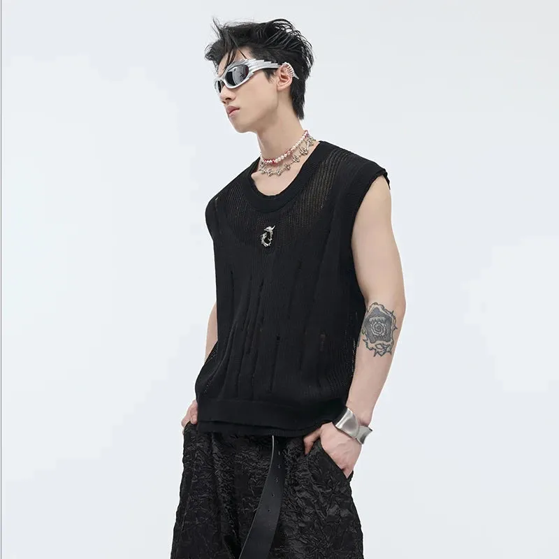 Summer Streetwear Men Knitted Vest Round Collar Tank Top Men's Sleeveless T-shirt Metal Design Summer 24Y164