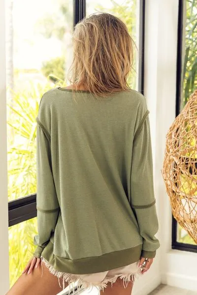 TEEK - Olive Waffle Knit Contrast Trim Long Sleeve Top