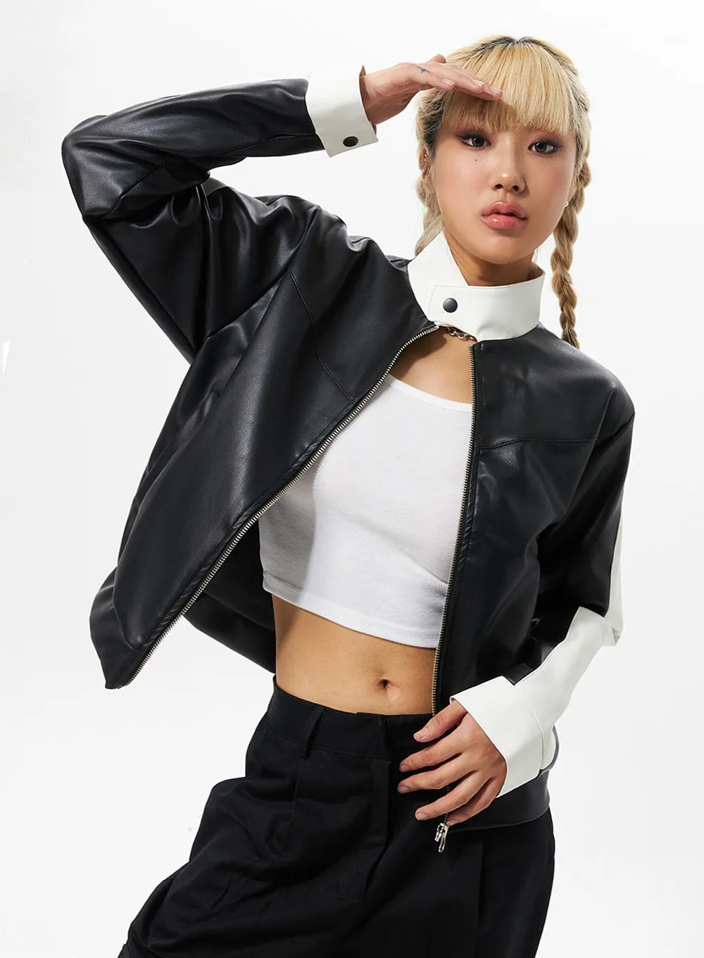 Two-Tone Faux Leather Jacket IO326