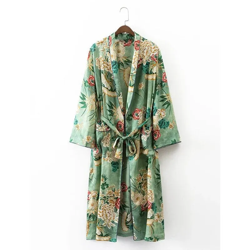 VenusFox Vintage Retro Floral Print Long Kimono Jacket