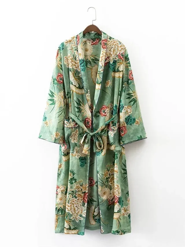 VenusFox Vintage Retro Floral Print Long Kimono Jacket