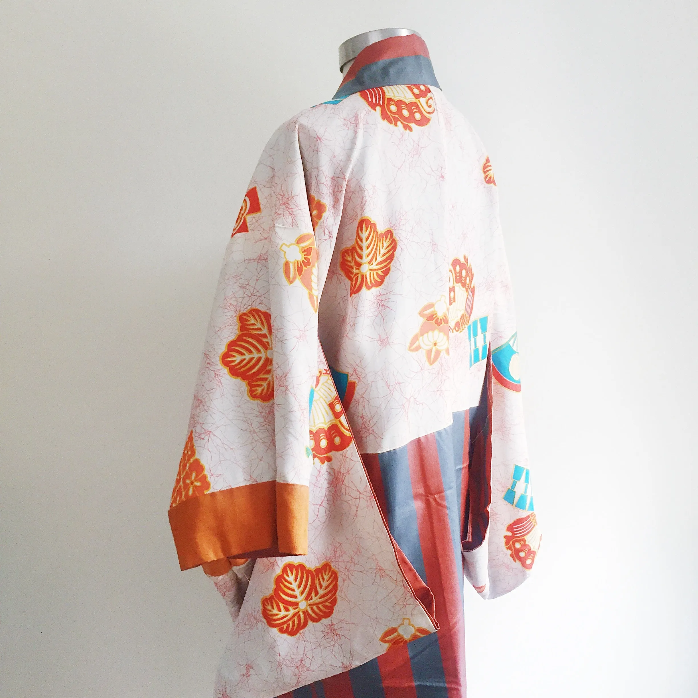 Vintage Kimono Haori Jacket - Orange / Blue Retro Stripe