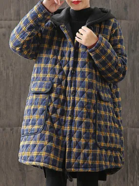 Vintage Loose Plaid Quilted Hooded Padded Coat