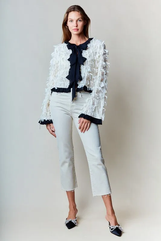 Waitlist 1/1 ♥ Eliza Long Sleeve Bow Tie Fringed Jacket Ivory