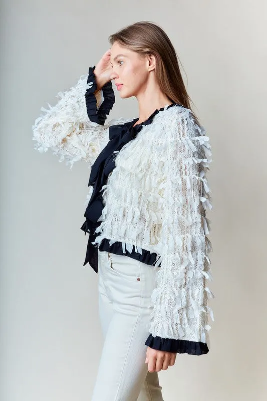 Waitlist 1/1 ♥ Eliza Long Sleeve Bow Tie Fringed Jacket Ivory