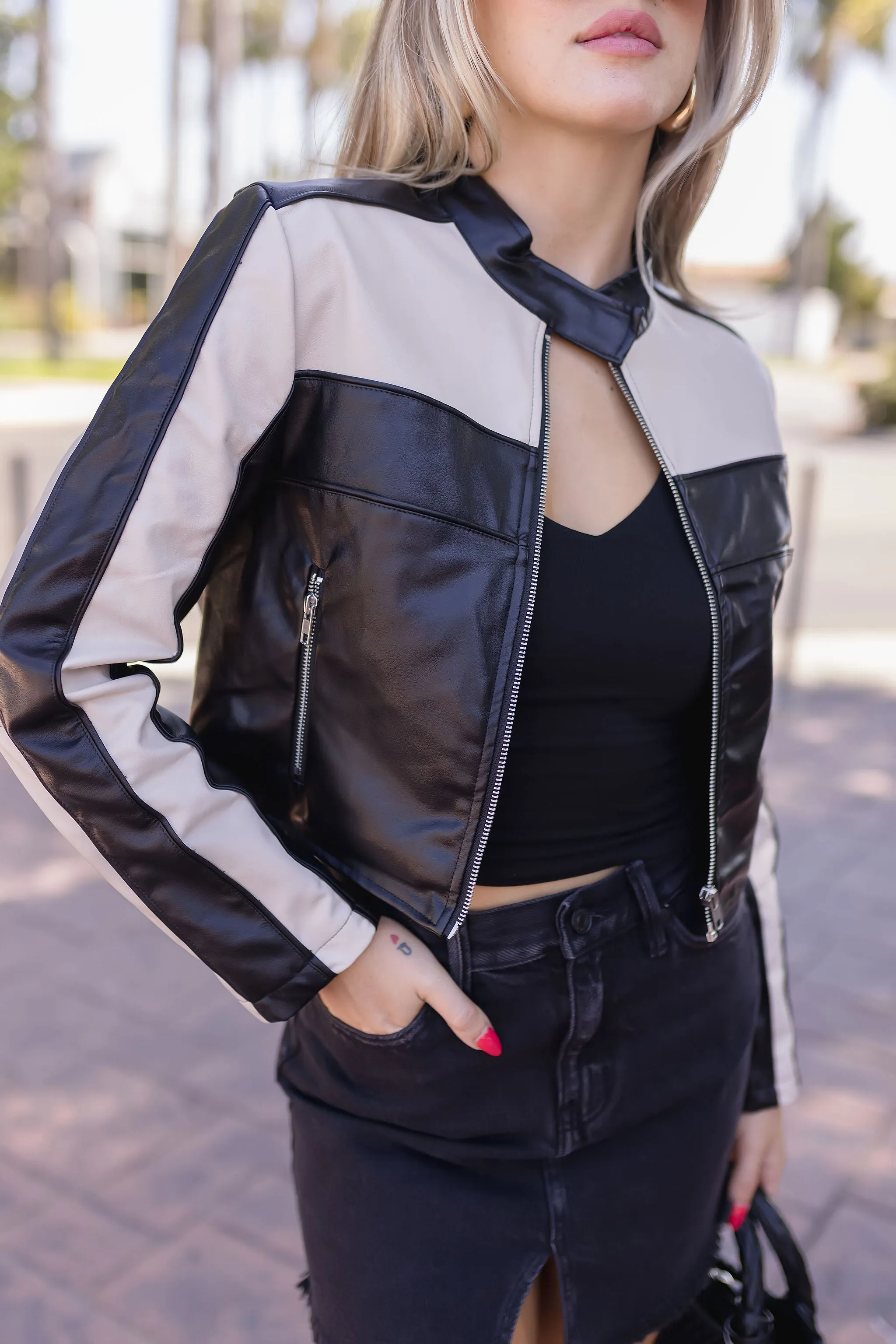 Waitlist 12/10 ♥ Tracie Vegan Leather Cropped Color Block Moto Jacket Black