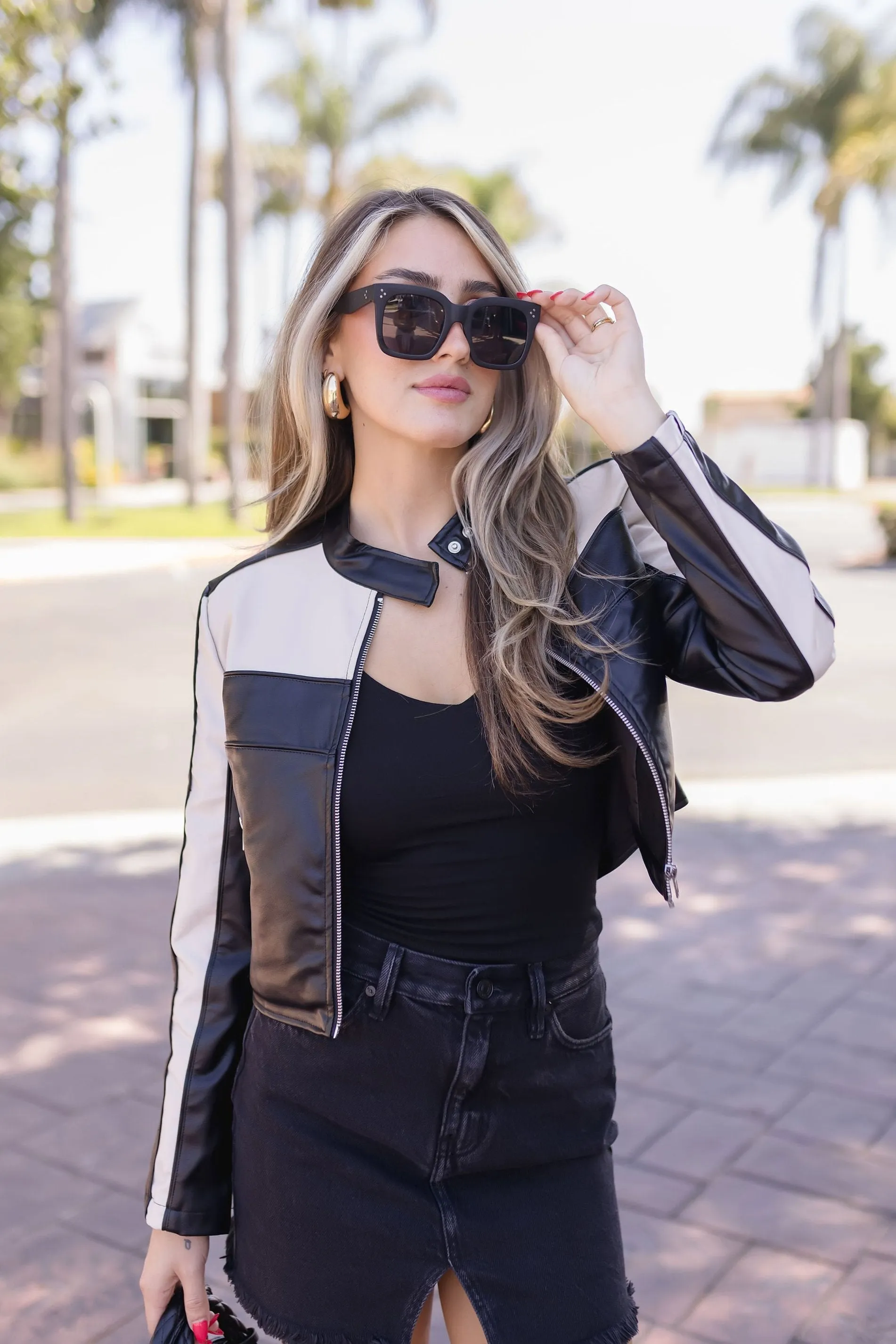 Waitlist 12/10 ♥ Tracie Vegan Leather Cropped Color Block Moto Jacket Black