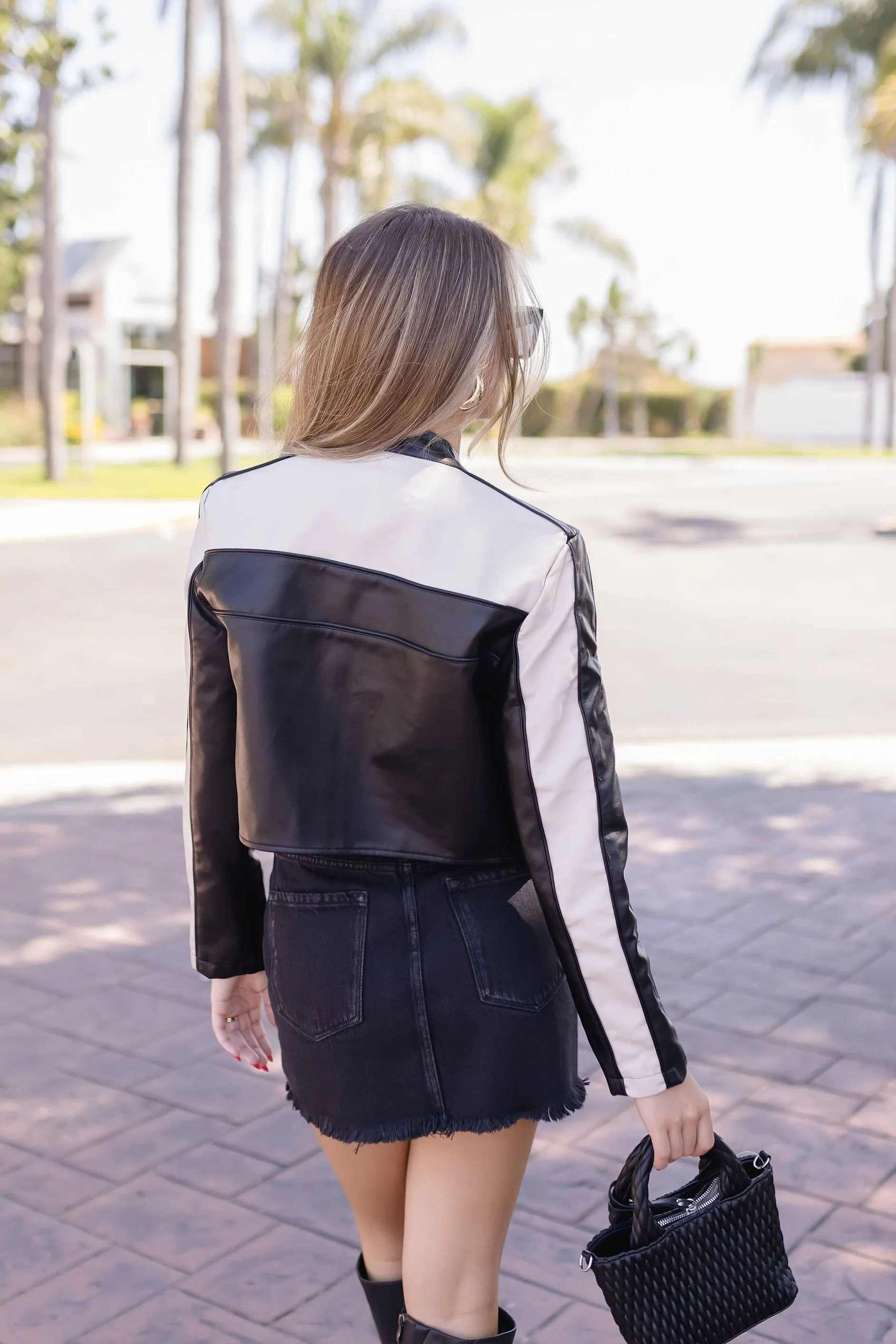 Waitlist 12/10 ♥ Tracie Vegan Leather Cropped Color Block Moto Jacket Black