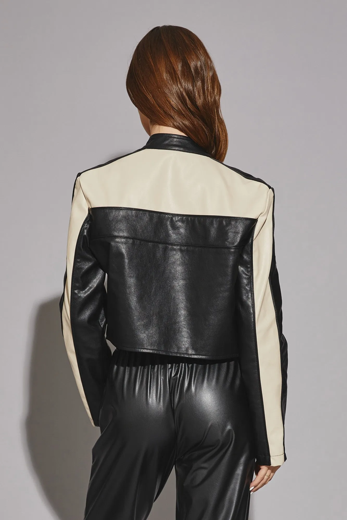 Waitlist 12/10 ♥ Tracie Vegan Leather Cropped Color Block Moto Jacket Black