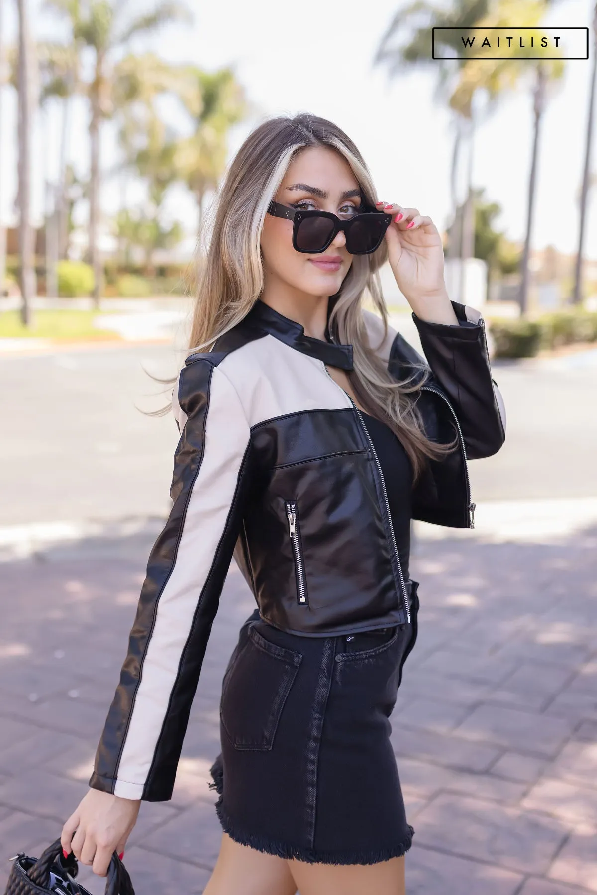 Waitlist 12/10 ♥ Tracie Vegan Leather Cropped Color Block Moto Jacket Black