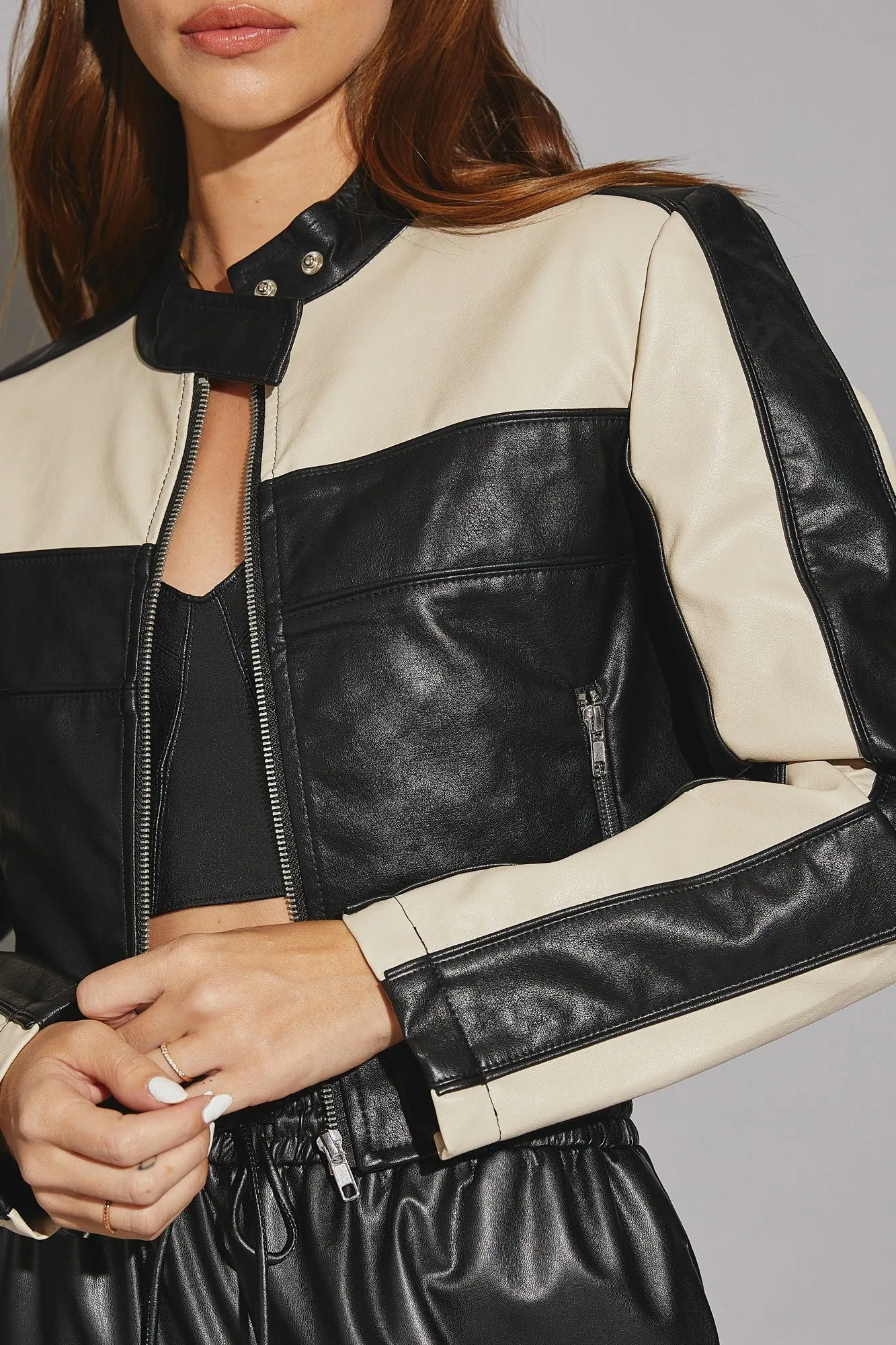 Waitlist 12/10 ♥ Tracie Vegan Leather Cropped Color Block Moto Jacket Black