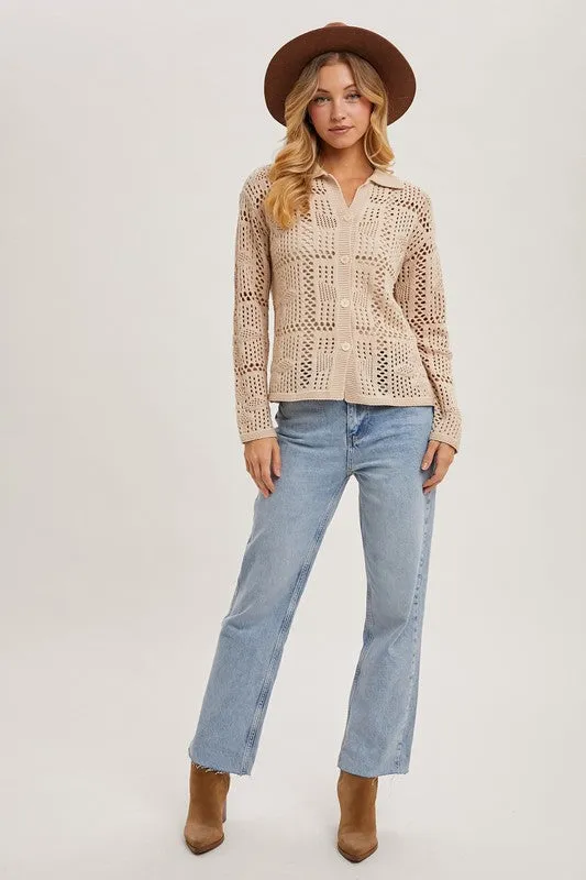 Waitlist 12/24 ♥ Jacie Long Sleeve Button Down Crochet Cardigan Top Natural