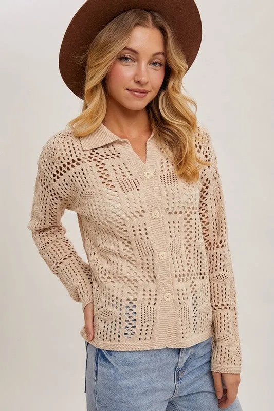 Waitlist 12/24 ♥ Jacie Long Sleeve Button Down Crochet Cardigan Top Natural