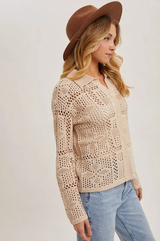 Waitlist 12/24 ♥ Jacie Long Sleeve Button Down Crochet Cardigan Top Natural