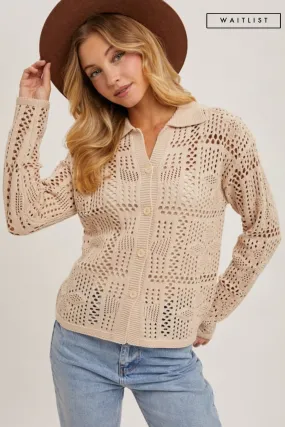 Waitlist 12/24 ♥ Jacie Long Sleeve Button Down Crochet Cardigan Top Natural