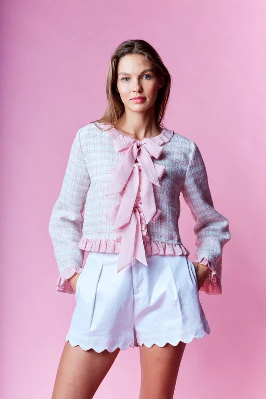 Waitlist 12/25 ♥ Willa Long Sleeve Ruffle Bow Tie Tweed Jacket Pink