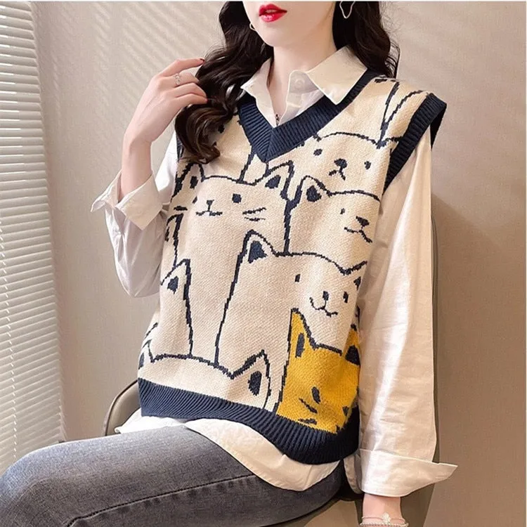 Wenkouban Knitted Sweaters Women Fashion 2022 Autumn Winter Casual Pullovers V-Neck College Style Cat Print Streetwear Knit Vest Sweater