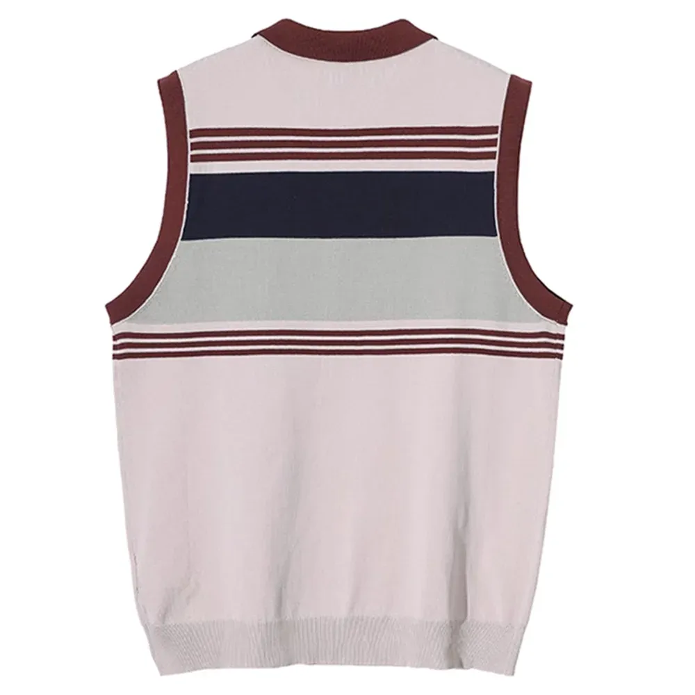 Wiaofellas British Retro Striped Knitted Vest Men's Summer Zipper Lapel Sleeveless Tops Tees LGBT Loose Pullover Fashion Contrast Tank Top