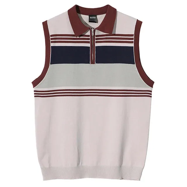 Wiaofellas British Retro Striped Knitted Vest Men's Summer Zipper Lapel Sleeveless Tops Tees LGBT Loose Pullover Fashion Contrast Tank Top