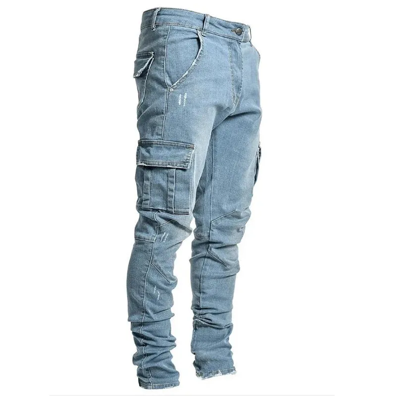 Wiaofellas  -   New Cargo Jeans Men Streetwear Pants Multi-Pocket Black Slim Small Foot Casual Trousers Cargo Pants Men Blue