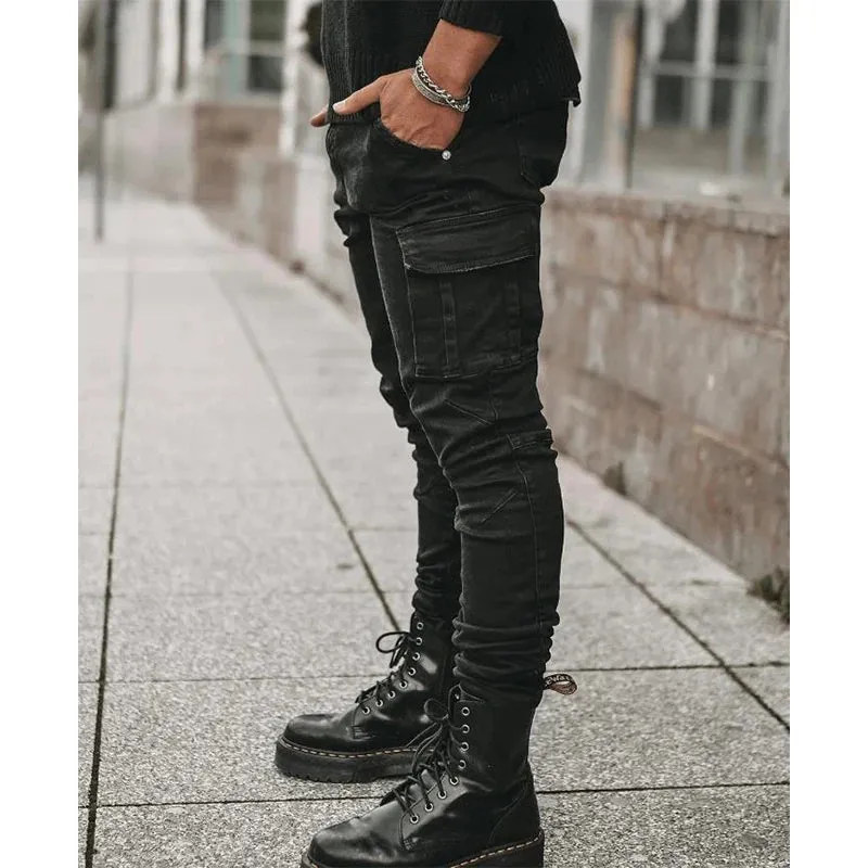 Wiaofellas  -   New Cargo Jeans Men Streetwear Pants Multi-Pocket Black Slim Small Foot Casual Trousers Cargo Pants Men Blue