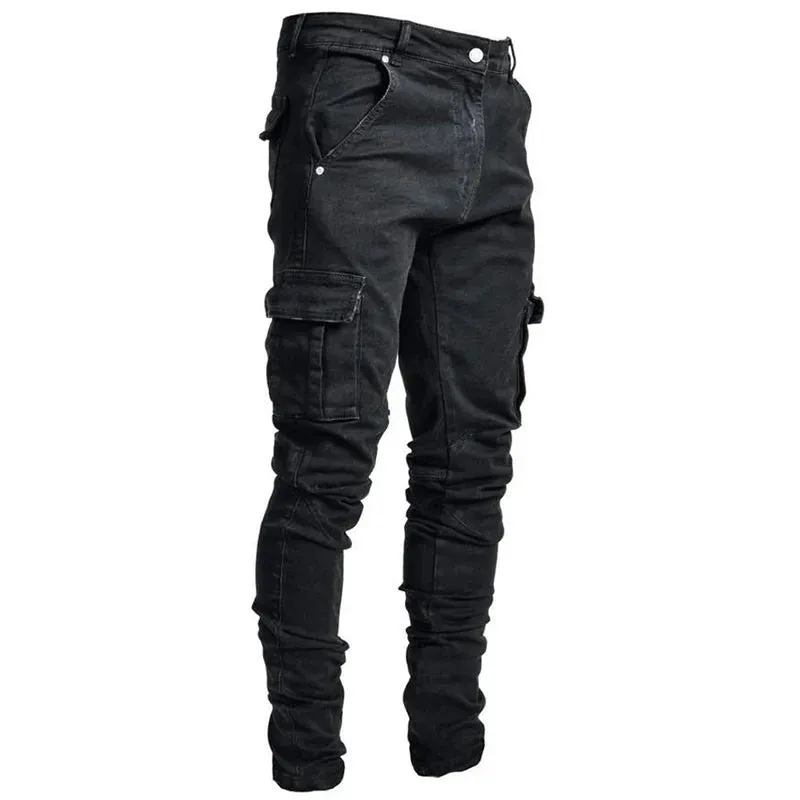 Wiaofellas  -   New Cargo Jeans Men Streetwear Pants Multi-Pocket Black Slim Small Foot Casual Trousers Cargo Pants Men Blue