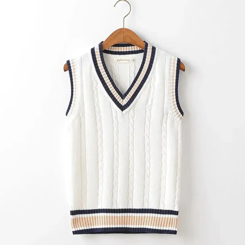 Wiaofellas  -  Sweater Vest Men Thicken V-neck Sleeveless Knitted Sweaters Vests Striped Retro Preppy-style Simple Chic Loose Casual All-match