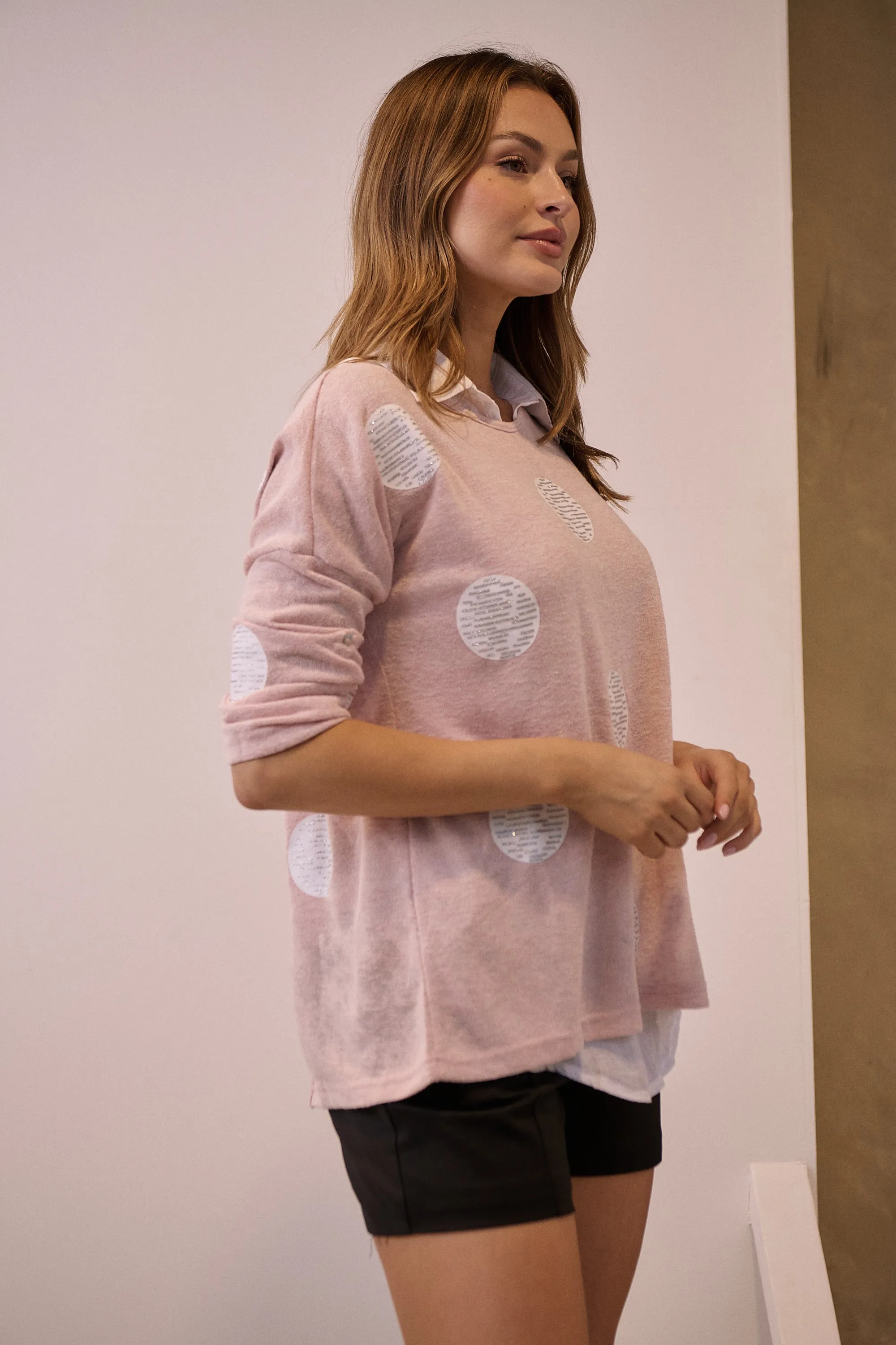 Willa 3/4 Polka Dot Pink Collared Layered Top