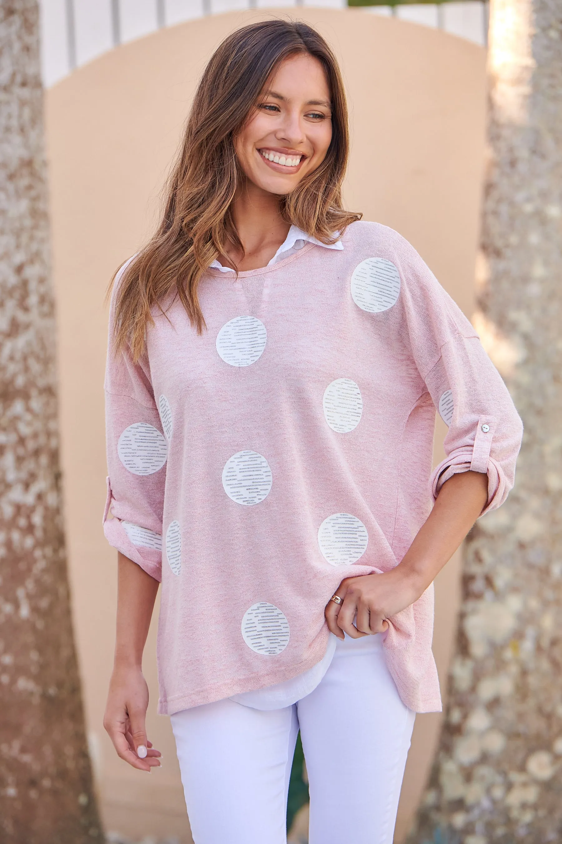 Willa 3/4 Polka Dot Pink Collared Layered Top