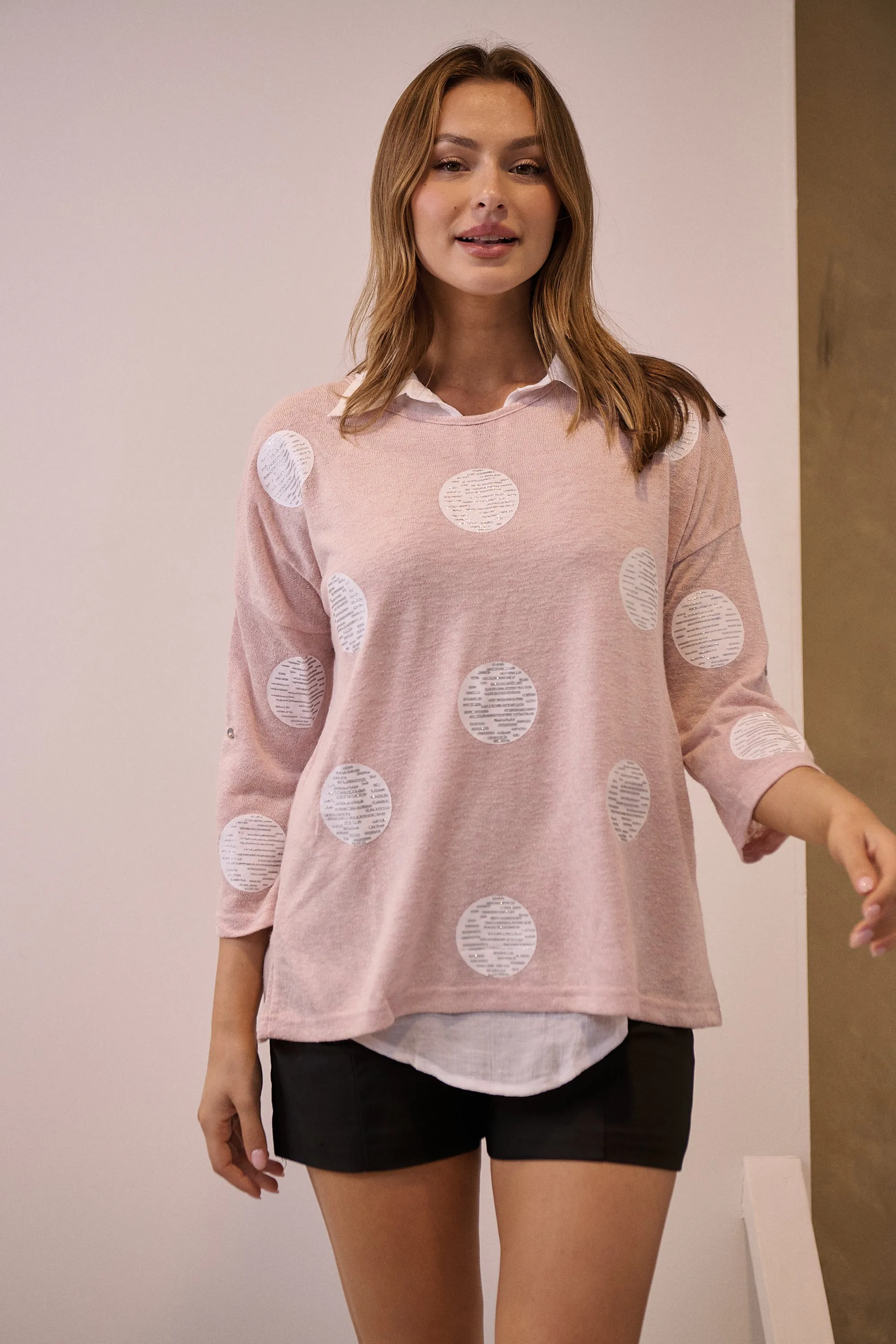 Willa 3/4 Polka Dot Pink Collared Layered Top