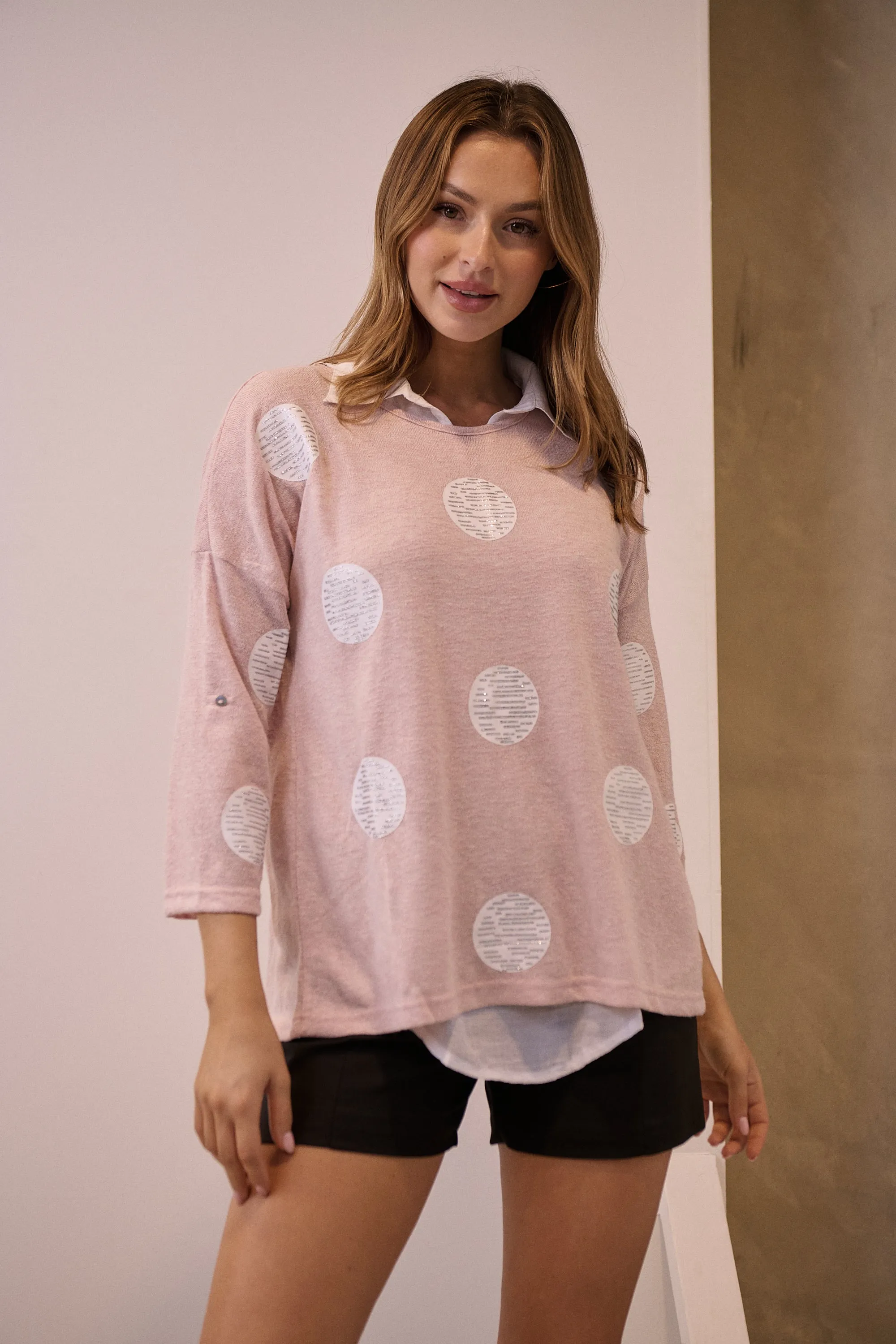 Willa 3/4 Polka Dot Pink Collared Layered Top