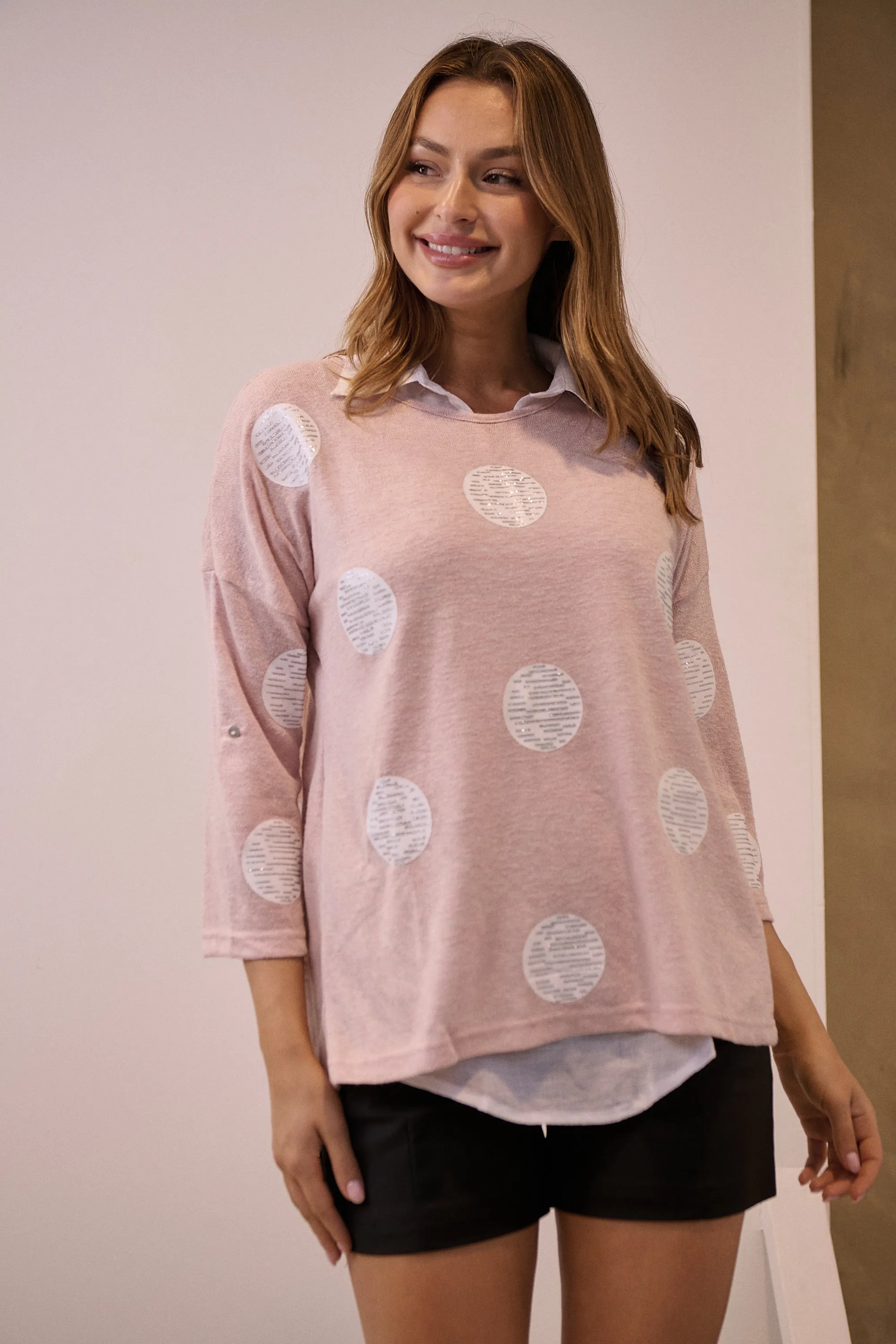 Willa 3/4 Polka Dot Pink Collared Layered Top