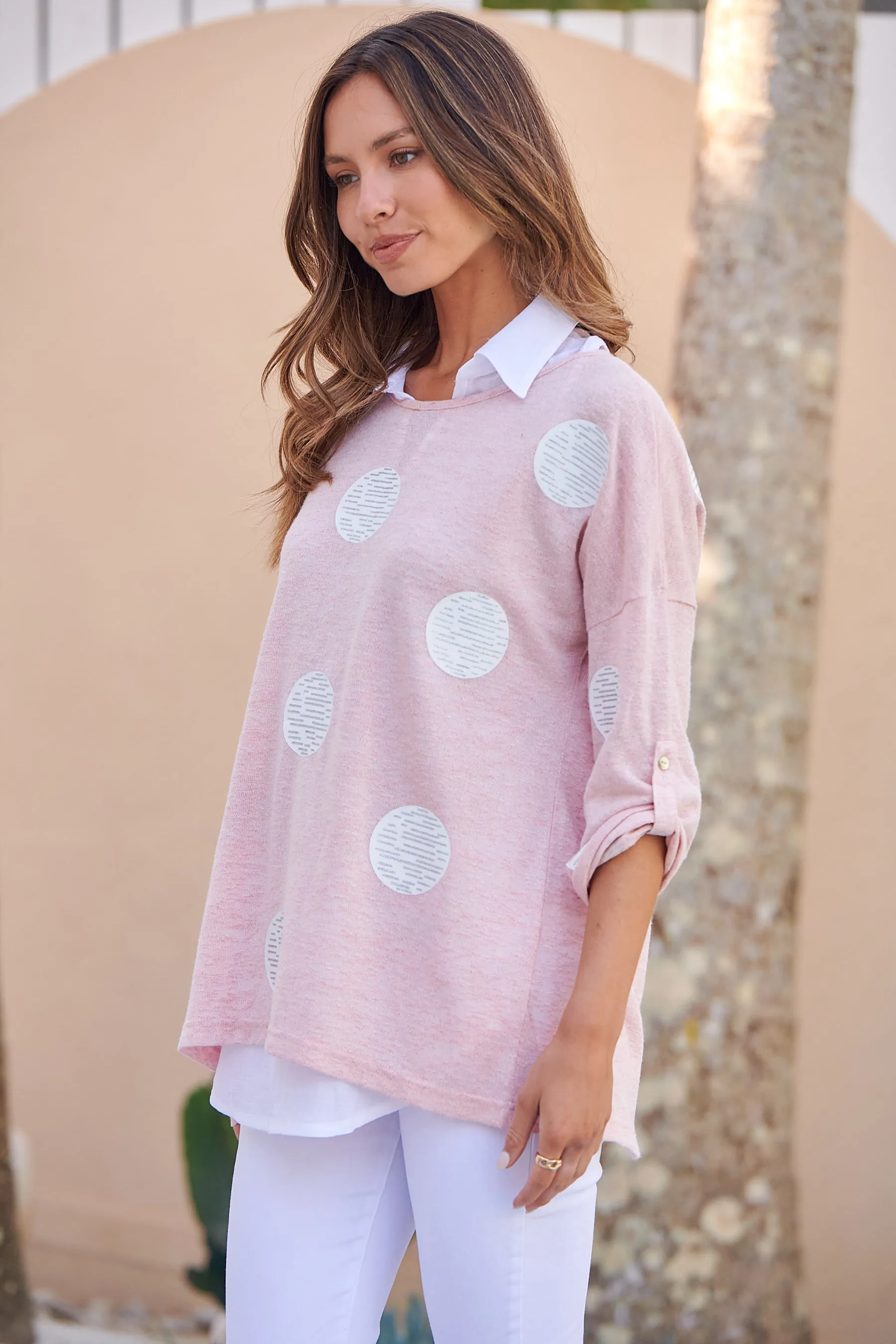 Willa 3/4 Polka Dot Pink Collared Layered Top