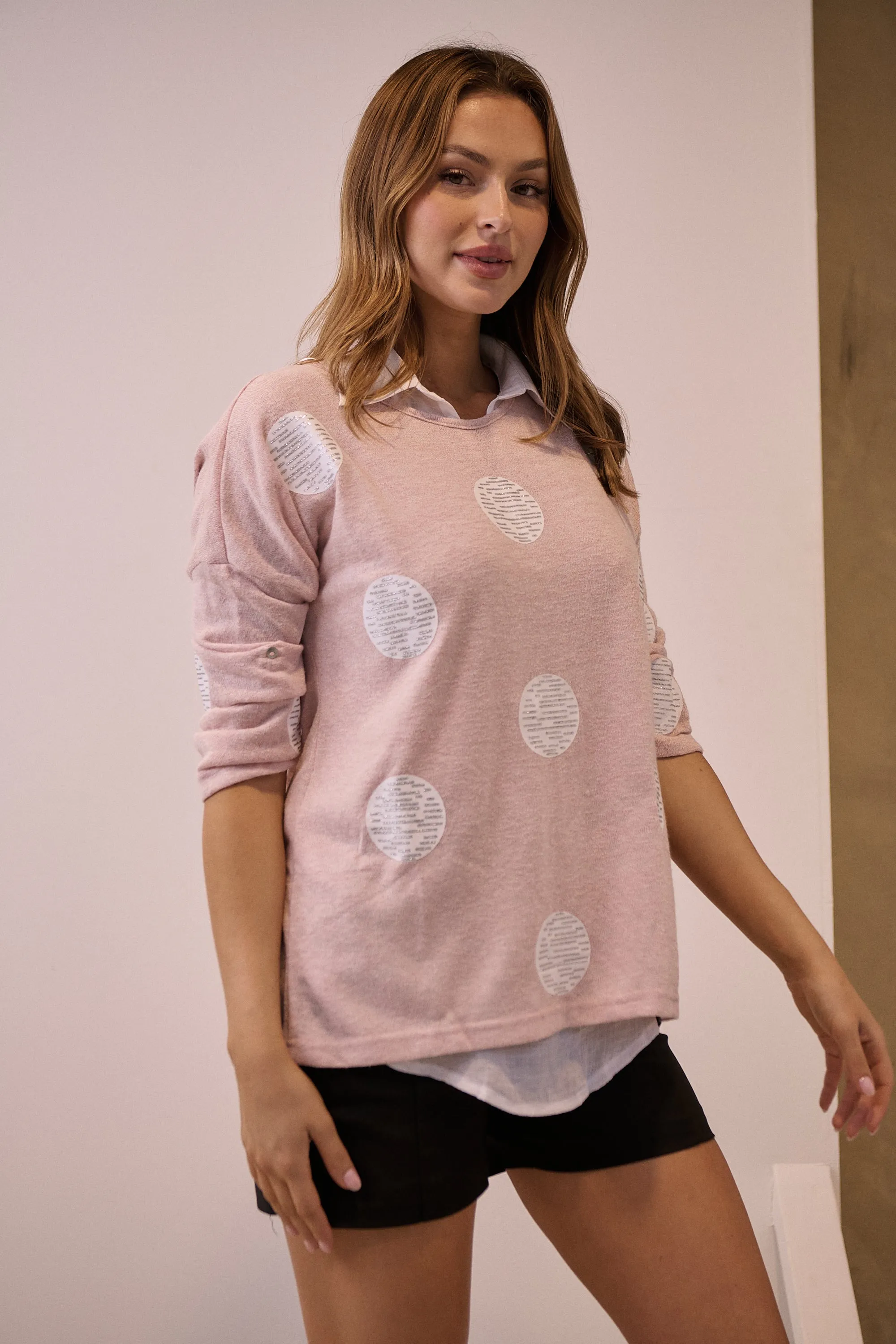 Willa 3/4 Polka Dot Pink Collared Layered Top