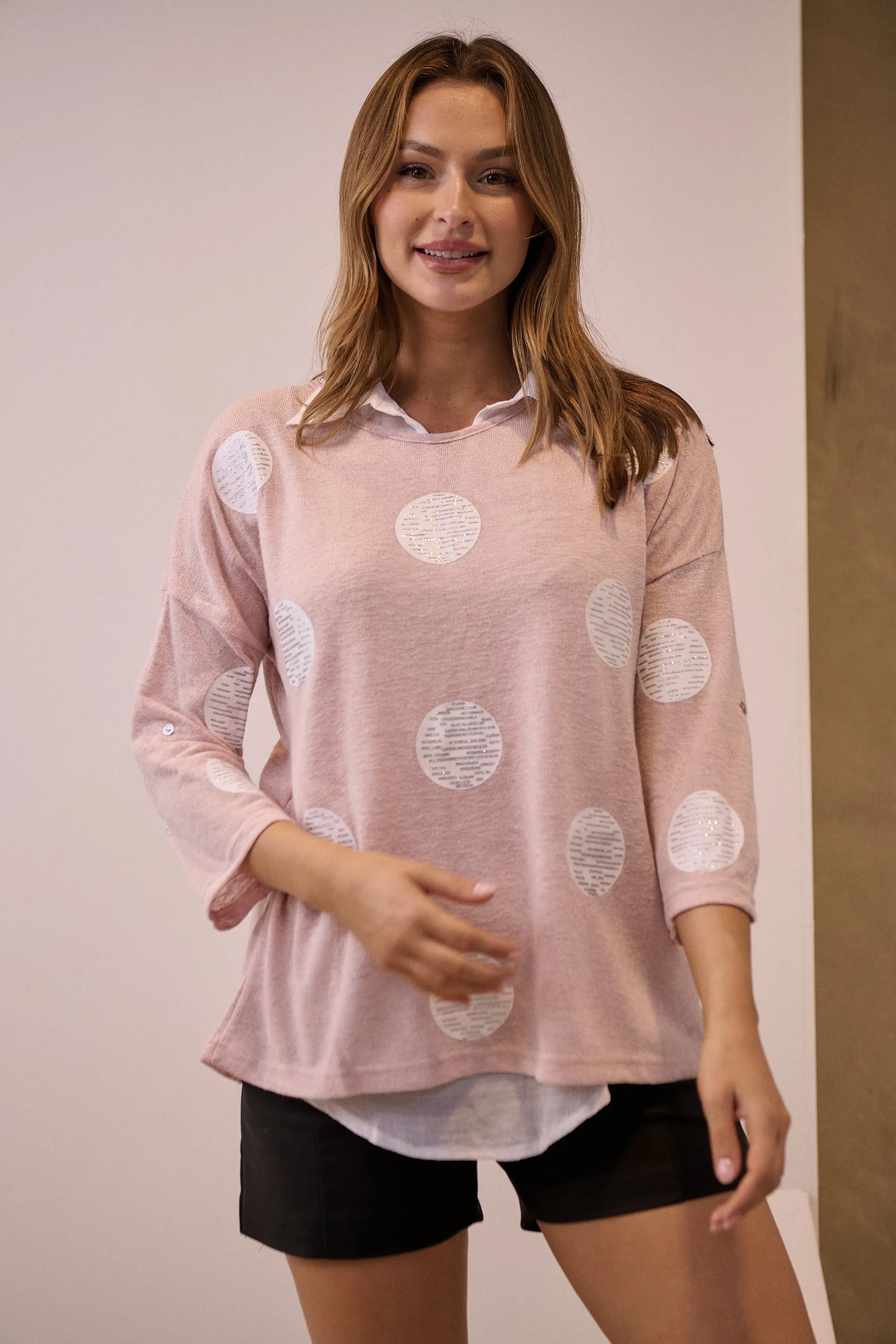 Willa 3/4 Polka Dot Pink Collared Layered Top