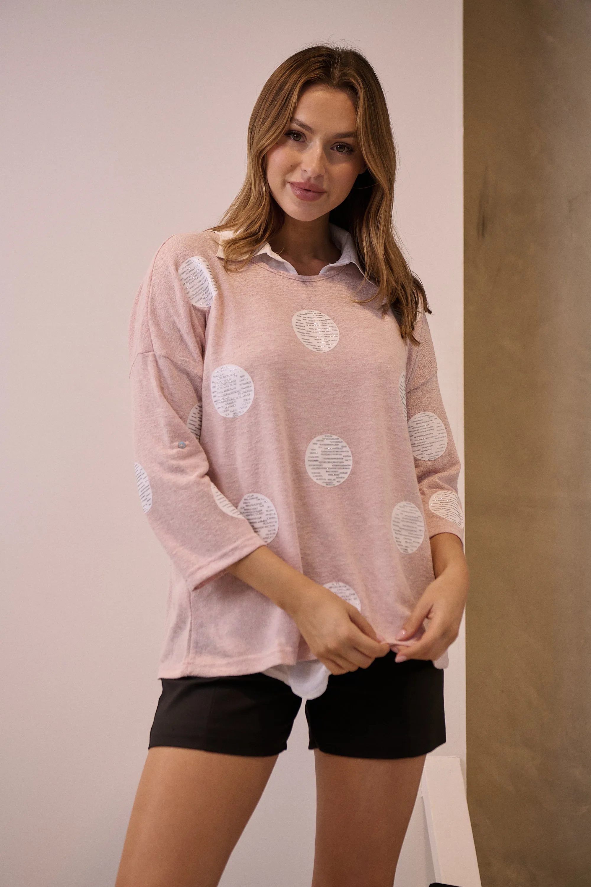 Willa 3/4 Polka Dot Pink Collared Layered Top