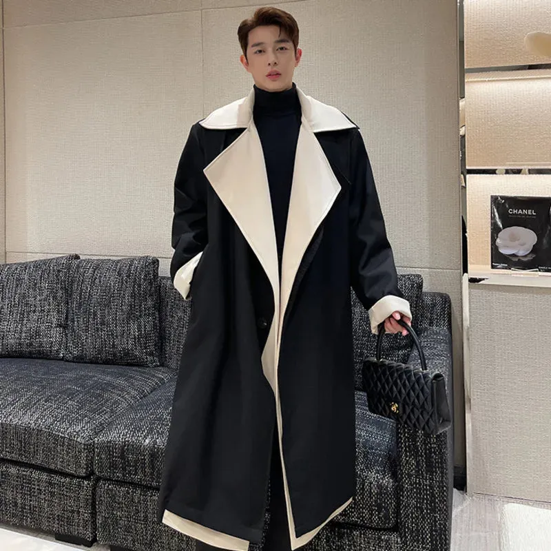 Winter Fashion Trench Personality Contrast Color Large Collar Fake Two Long Coats With Cotton Temperament Men Tops