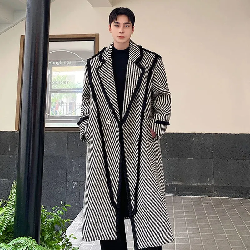 Winter Men's Woolen Long Coat Thickened Weave Twill Lapel Wool OverCoat Korean Style Windbreaker Trend Autumn 9C3302