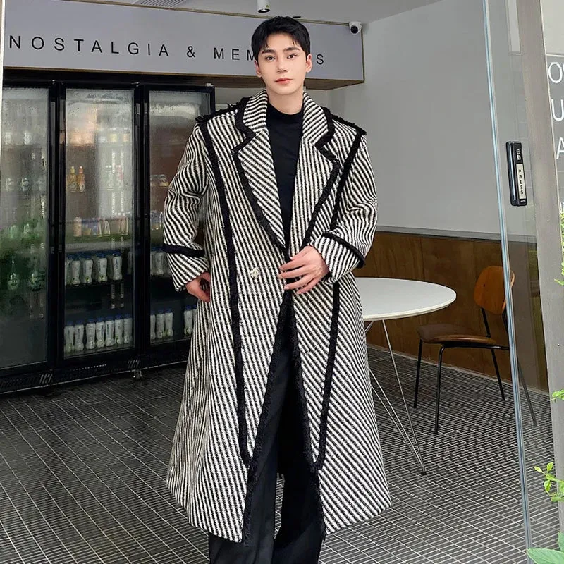 Winter Men's Woolen Long Coat Thickened Weave Twill Lapel Wool OverCoat Korean Style Windbreaker Trend Autumn 9C3302